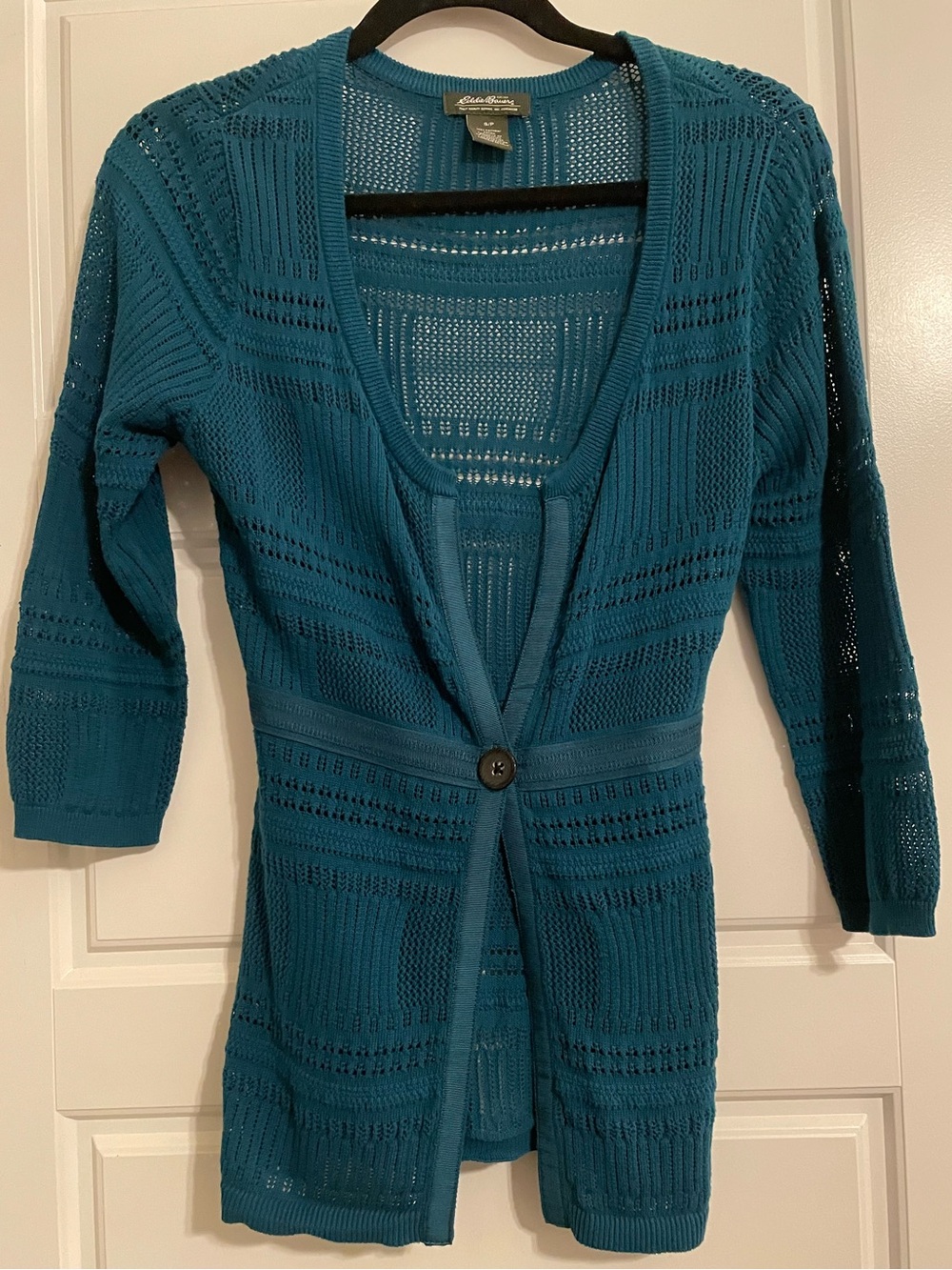 Eddie Bauer Teal Open-Knit Single-Button Cardigan Sweater